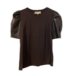 NWT Michael Kor Womens Top Size Small Brown Knit wFaux Leather Sleeves Mob Wife